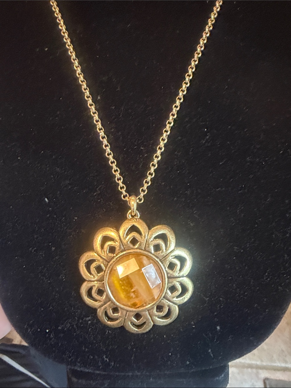 Lucky brand brass Pendant Necklace with Amber Crystal Center